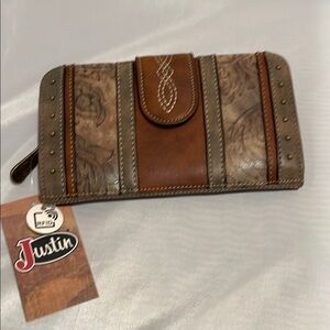 Justin Boots Brown and Gray Wallet with Western Design